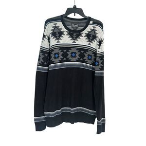 Retrofit Mens XL Fair Isle Geometric 100% Cotton Black Blue White Sweater #WX9-4